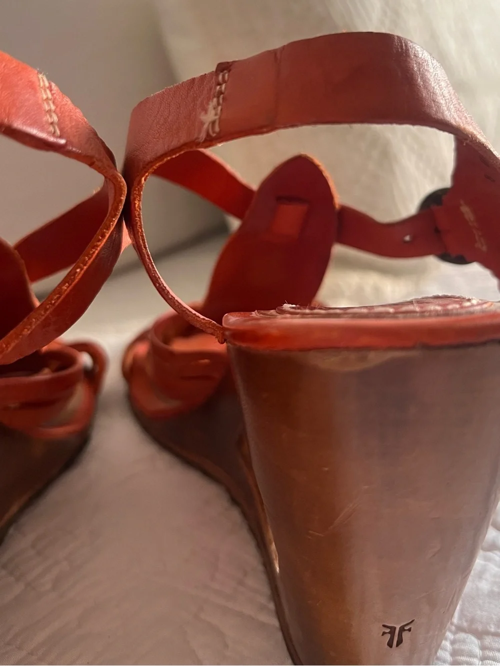 Frye Gabriella Orange Leather Wooden Wedge Sandals - Size 8